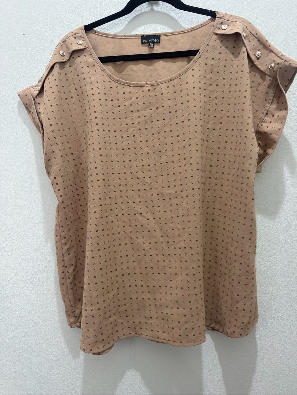Zenobia Beige/Tan Short Sleeve Button-Tab Blouse